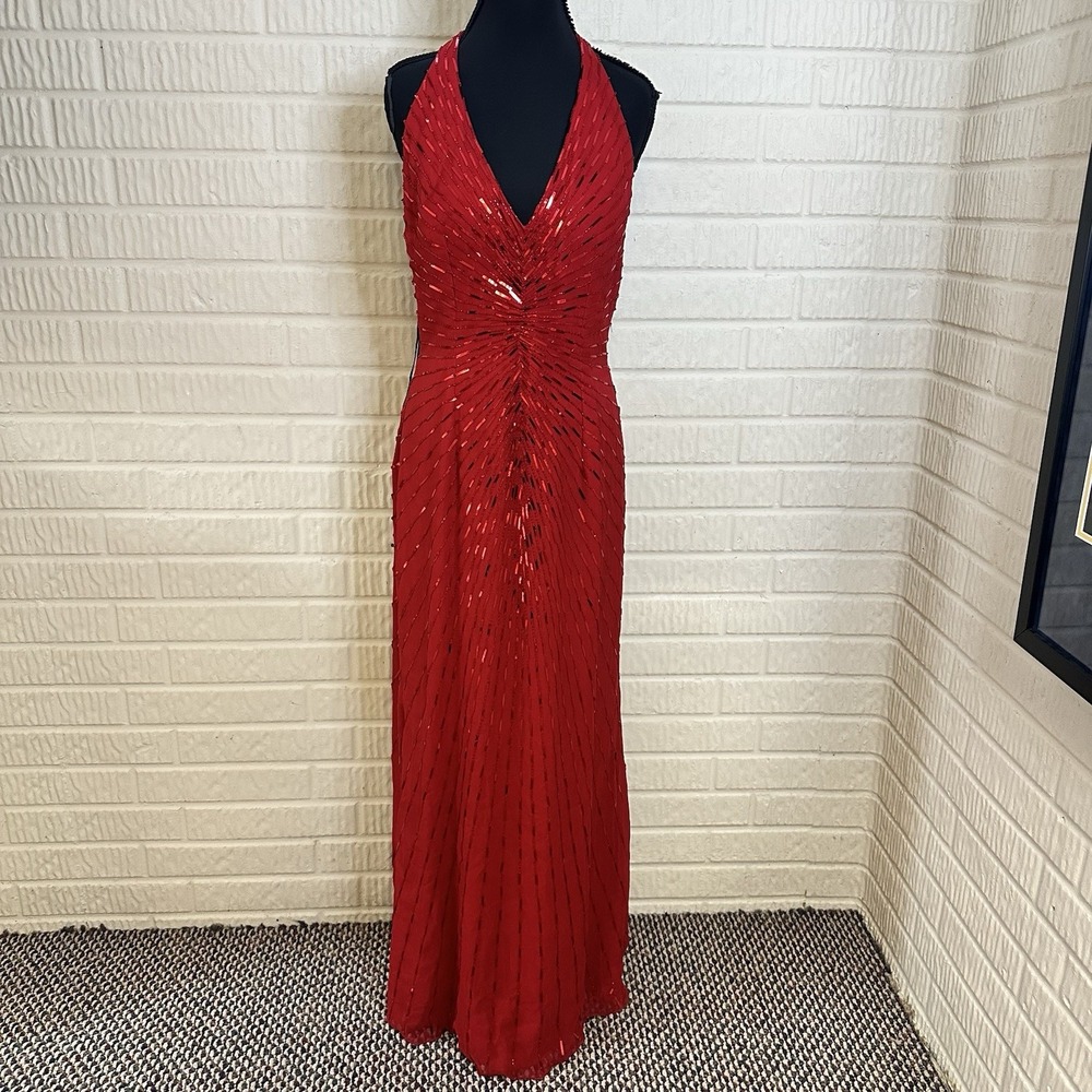 Andretta Donatello Vintage Beaded Silk Formal Dress Slit Halter Wedding Elegant